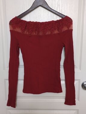 Free People Boatneck Rust Ribbed Top with Lace Yoke
